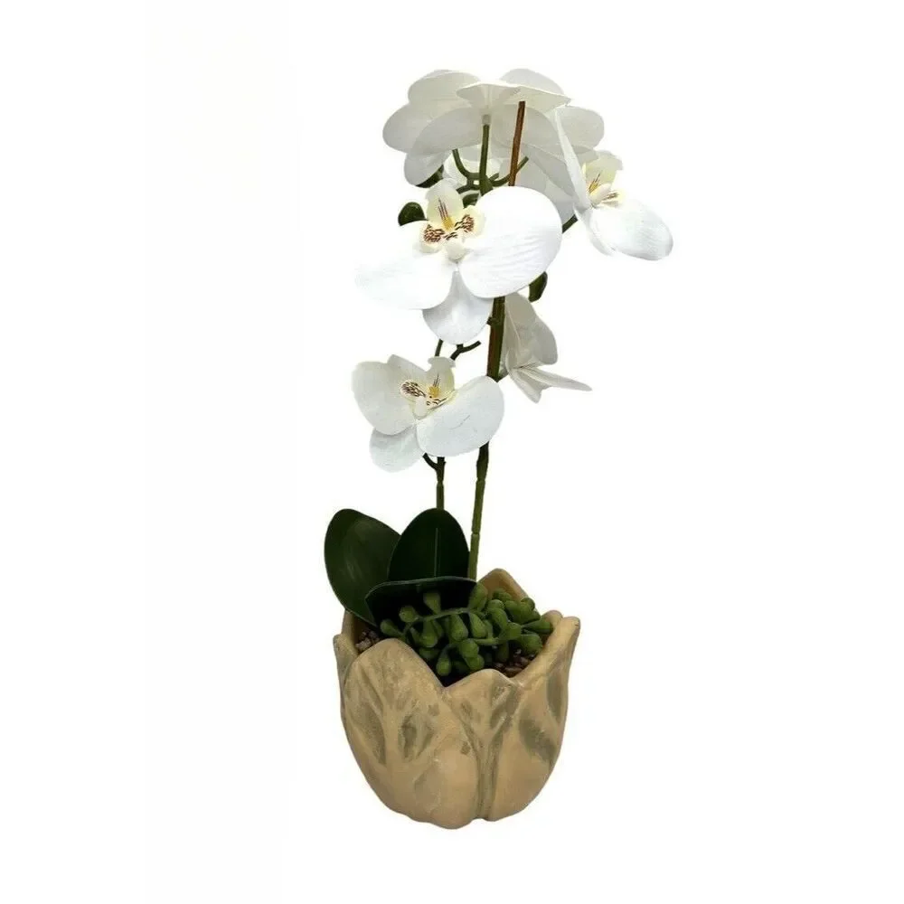 New Faux White 15 Inch Orchid In Ceramic Pot With Artificial Greenery